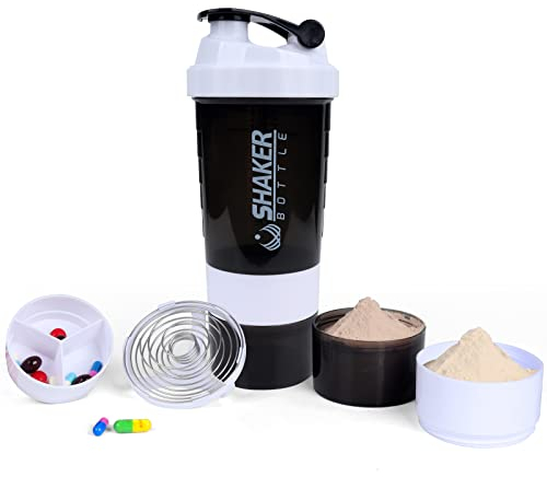 VECH Protein Shaker Bottle - Sports Water Bottle - Non Slip 3 Layer Twist Off 3oz Cups with Pill Tray - Leak Proof Shake Bottle Mixer- Protein Powder 16 oz Shake Cup with Storage (White)