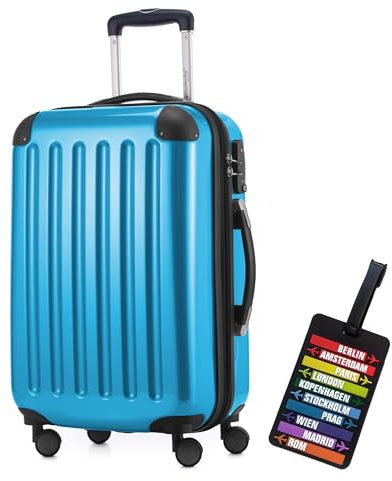 Hauptstadtkoffer - Alex Handgepäck Kabinentrolley Bordgepäck Hartschalen-Koffer, sehr leicht, TSA Zahlenschloss, 55 cm, 42L, Cyanblau + Design Kofferanhänger