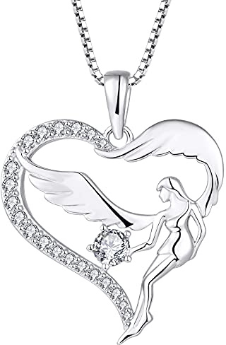 FJ Herz Schutzengel Halskette Damen 925 Sterling Silber Engelsflügel Kette Anhänger Geburtsstein Zirkonia Halskette Schmuck Geschenke für Frauen Mädchen