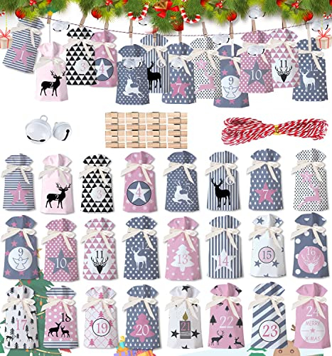 Adventskalend Stoffbeutel,24 Stoffsäckchen Kette zum Selber Basteln und AufhängenAdventskalender zum Befüllen Groß,Weihnachtskalender Basteln,Weihnachtskalender 2025 Selber Basteln (Rosa)