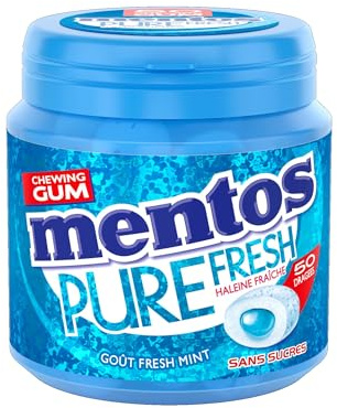 Mentos Pure Fresh Mint – Chewing-Gums Sans Sucres 50 Dragées | Cœur liquide qui libère une fraîcheur intense dès les premières secondes de mastication.