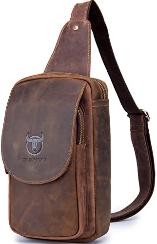 LOXO CASE Herren Echtes Leder Brusttasche Umhängetasche Schultertasche Multifunktionaler Crossbody Bag Sling Bag für Freizeit, Outdoorsport, Reisen, Schule,Coffee