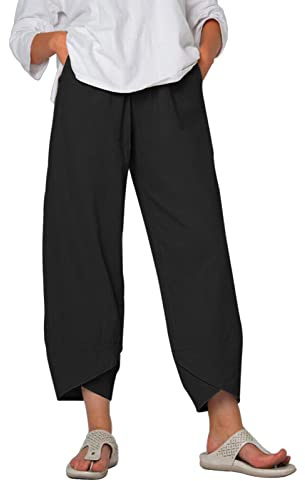 heekpek Pantaloni Donna Estivi Cotone Lino Leggeri Comodi Pantalone Casual Donna Larghi Tinta Unita Pantaloni Spiaggia 9/10 Lunghezza, Nero, XXL