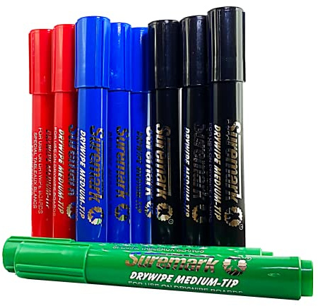 SureMark Whiteboard Marker Pens 3 x Black, 3 x Blue, 2 x Red, 2 x Green Dry Erase Pens for Office, School, Home, Box of 10 Bullet Tip Dry Wipe Pens, Multicolor…