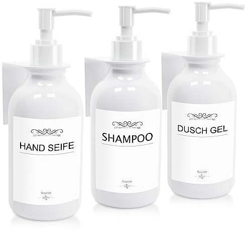 Roselee 3er Seifenspender Wandbefestigung Set, Dusche Ohne Bohren 500ml Wandmontage Weiß Shampoo Spender Mit Trichter Und Wasserdichten Etiketten für Küche Bad
