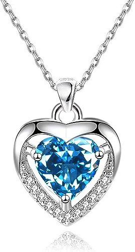 EXGOX Silver Heart Necklaces, 925 Sterling Silver Necklace for Women Crystal Heart Necklace Dainty Love Heart Necklace Adjustable Silver Chain Necklace Women Birthday Gift (Blue-Crystal Heart)