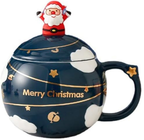 FülleMore 400ml Kaffeetasse mit Deckel und Löffel Weihnachtstasse Trinkbecher 3D Weihnachtsmann Kaffeebecher Teetasse Milchbecher Süße Kaffeetasse Geschenk (Blau)