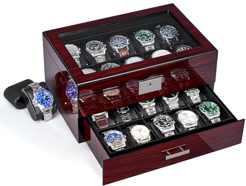 ANWBROAD Uhrenbox 20 Slots Watch Box Uhrenaufbewahrung für Männer mit großem Glasdeckel 2-Tier Uhr Vitrine Abschließbare Uhr Organizer Luxuriöse Uhrenhalter JWB002Y
