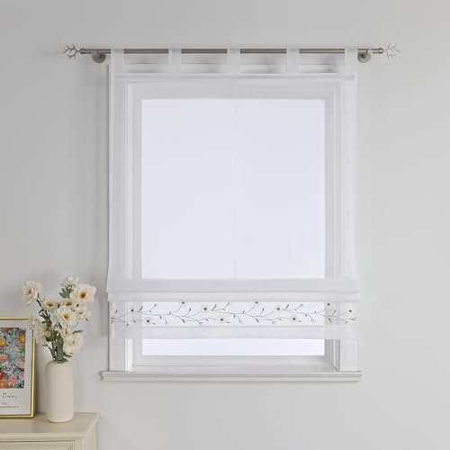 Joyswahl Voile Raffrollo mit Schlaufen Raffgardinen Wohnzimmer Fenster Vorhänge Landhaus Bändchenrollo Transparent Rollo Bestickt BxH 60x150cm Weiß 1 Stück