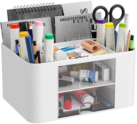 Senders Desk Organiser with 2 Drawers Desk Tidy Organiser with Pen Holder Desktop Stationary for School Office Home Makeup Supplies Practical and Stylish Storage Solution (White)