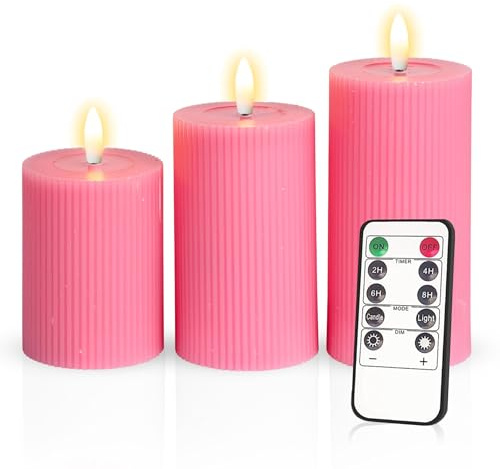 Meisterhome® 3er-Set Flammenlose LED Kerzen - Pink - Ribble Design Stumpenkerze - mit Fernbedienung – mit Timer - Batteriebetrieben – Warmweiß - 10/12,5/15 cm hoch - mit flackernder Flamme