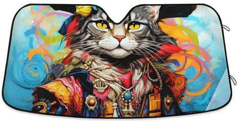 ZRWLUCKY Sonnenschutz, Motiv: Katze, Pirat, Ölgemälde, Blau, Auto-Innenzubehör, faltbare Sonnenblende, UV-Schutz, für Auto, Van, SUV, Jeep, 139,7 x 70,1 cm (mittel)