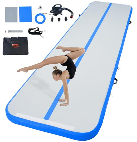 VEVOR Tapis de Gymnastique Gonflable 10 cm Épaisseur, Piste d’Acrobatie avec Pompe Électrique, Tapis d'Entraînement pour Usage Domestique/Salle de Sport/Yoga/Cheerleading/Plage/Parc/Eau, 4 m, Bleu