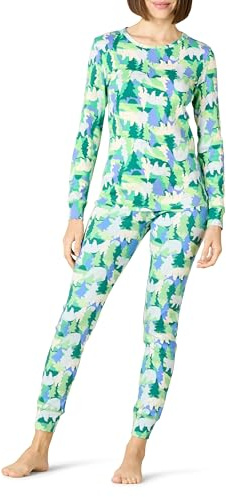 Amazon Essentials Pigiama in Cotone dalla vestibilità Comoda (Disponibile in Taglie Forti) Donna, Avorio Mimetica con Orso Festivo/Verde Smeraldo, XS