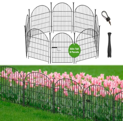 Okaygardn Bordo per recinzione da giardino, 81,3 cm (H) x 17,5 m (L) 8 pannelli, recinzione alta barriera per animali da giardino con cancello, recinzione per cani all'aperto per cortile, metallo
