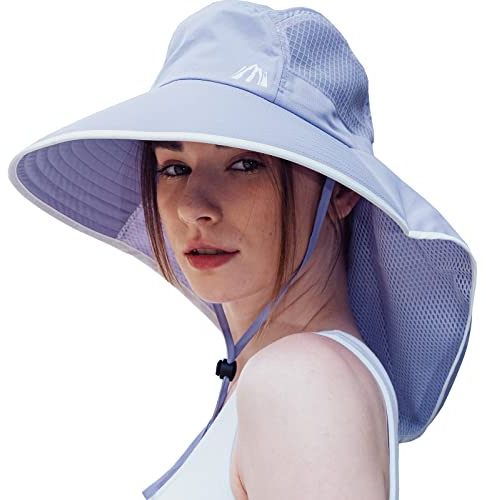 AHAHA Cappello da sole da donna, con bordo largo, protezione solare, cappello estivo da donna, UPF50, cappello da pescatore con grande patta per il collo, viola chiaro, Taglia unica