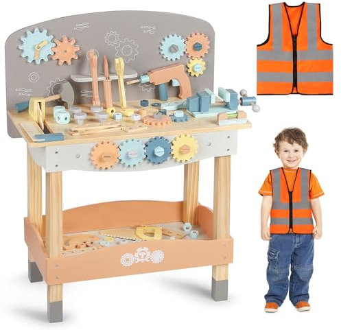 Werkbank Kinder Set, Kinderwerkbank Holzspielzeug mit Bauarbeiter Kostüm Set, Little Dutch, Spielzeug ab 3 Jahre, Spielzeug Geschenke für Alter 3-6 Jungen Mädchen 60 * 31 * 76