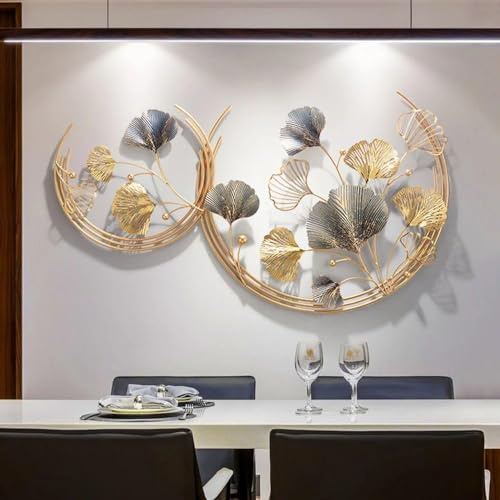 APHTOCF 3D Metall Ginkgo Blätter Wanddeko, Groß Modern Wanddeko Metall, Kreative Handgefertigte Wandbild Wandskulpturen, Dekoration Für Wohnzimmer Büro Schlafzimmer, 110 X 67 cm