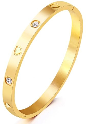 RIXERKOC 18k Gold plattiert Liebe Freundschaft Armband mit kubischen Zirkonia Steinen Armreif für Frauen Männer Edelstahl Armband für Liebe Paar Schmuck Armreif Geschenke (Gold-Herz, 50 * 60mm)