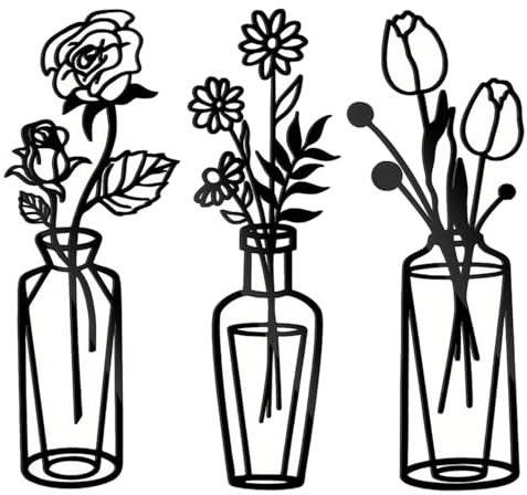 SYEYCW 3 Pcs Black Flower Wall Art Decoration - 30cm Minimalist Vase Self Adhesive Decor for Kitchen, Bathroom, Living Room
