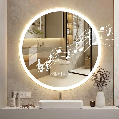 Hondony Espejo Baño Redondo con Luz 60cm, Espejo Baño LED Bluetooth, Antivaho, Regulable, 3 Colores Luz, Función Memoria, Musical Espejo LED, Interruptor Táctil