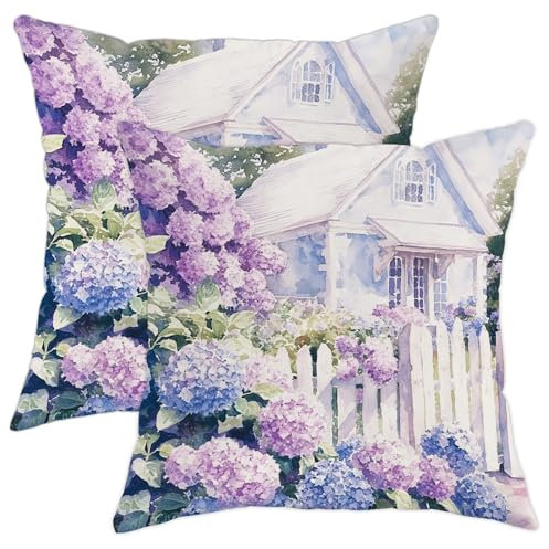 Set di 2 federe decorative per cuscini floreali con ortensia, fiori blu viola, cuscini per soggiorno, divano, camera da letto, decorazione rustica per la casa, 40,6 x 40,6 cm