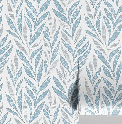 S4Sassy Papier peint décoratif autocollant, motif feuille de bananier abstrait, vinyle texturé imperméable, bleu, 63 x 914 cm, amovible, idéal pour les chambres et les salles à manger.