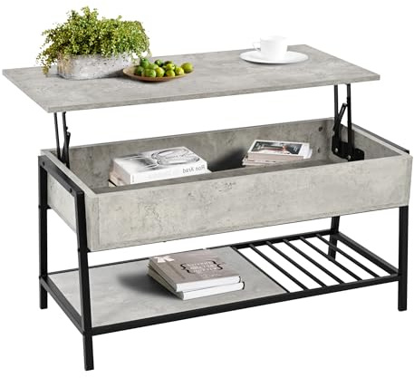 IDEPAR Couchtisch Nordik Lift – Beton-Dekor | Höhenverstellbare Tischplatte mit Stauraum | Skandinavischer Couchtisch im Industrial Design | Wohnzimmertisch modern & funktional