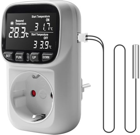 Termostatuttag: Digital termostatkontakt, 250 V temperaturströmbrytare med sensor, termostatuttag med värme- och luftkonditioneringslägen för växthus, akvarier och reptiler.