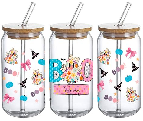 Personalized Halloween Boo Ghost Cup Wrap for 16oz Glass Can – Cute Floral Ghost, Witch Hat, Pumpkin, Bow UVDTF Decals – 3pcs Waterproof Name Cup Stickers for Kids, Friends, Girls Gift