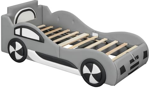 WEALTHOUSE Autobett mit Lattenrost und hydraulischem Hebemechanismus, Stauraumbett, MDF und PU Polsterung, Spielbett mit Fensterdesign, mit Seitenschutz, Modernes Rennwagen Design (Grau,90x200cm)