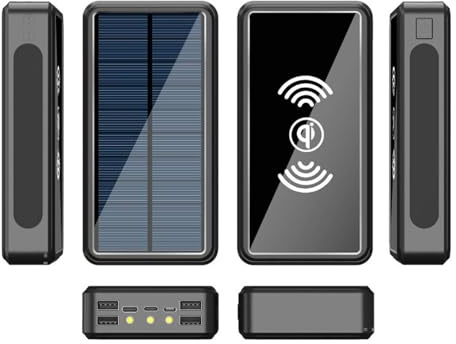Batterie Externe Solaire, étanche, Grande capacité 50 000 mAh, Chargeur sans Fil Portable antichute avec lumière LED et 4 Ports USB, Orange