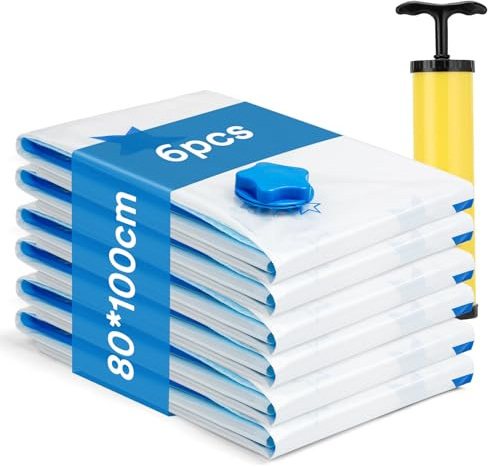 AIyvisun 6pcs Sacchetti Sottovuoto Vestiti 80 * 100cm con Pompa, XL Buste Sottovuoto Vestiti Riutilizzabili, Sacchi Sottovuoto per Coperte Lenzuola Piumoni Cuscini