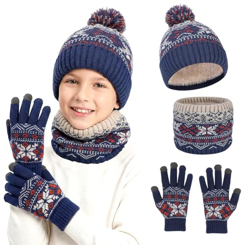 OZXVXZO Conjunto de Guantes de Bufanda de Gorro de Invierno para Niños, Niña Calentar Gorro Bufandas Guantes Tactiles Set, Beanie Set para 1-5 Años Niños Niñas