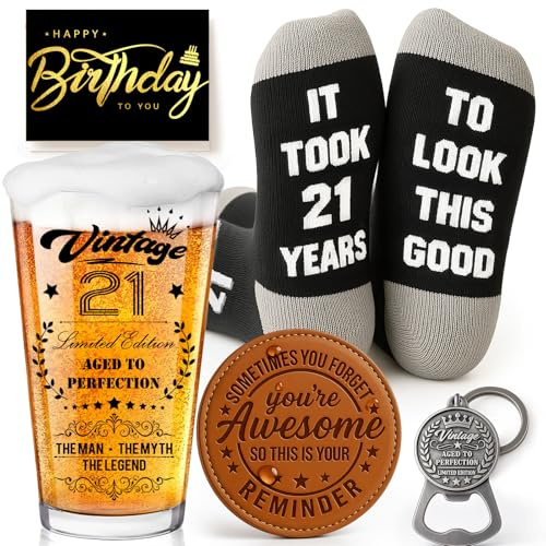 Joybble 21st Birthday Gifts for Men, Personalised Beer Glass in Vintage Box, 21st Birthday Decorations for Him, Beer Gift Set with Greeting Cards, Present Gift Ideas with Socks for Boyfriend