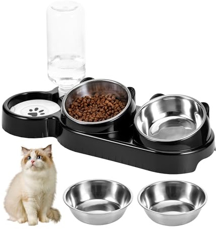 TranRantic 3-in-1 Katzennapf, Katze Futternapf und Wassernapf-Set, 15°Geneigte Edelstahl Katzennäpfe mit Wasserspender, Erhöhte Katzenfressnapf für Katzen und Kleine Hunde (Schwarz)