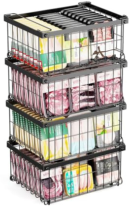 Elayu 4er Gefriertruhe korb stapelbar,gefrierschrank organizer，gefriertruhe organizer,stapelkörbe，Schwarz, 38.5L x 30.7B x 78H CM