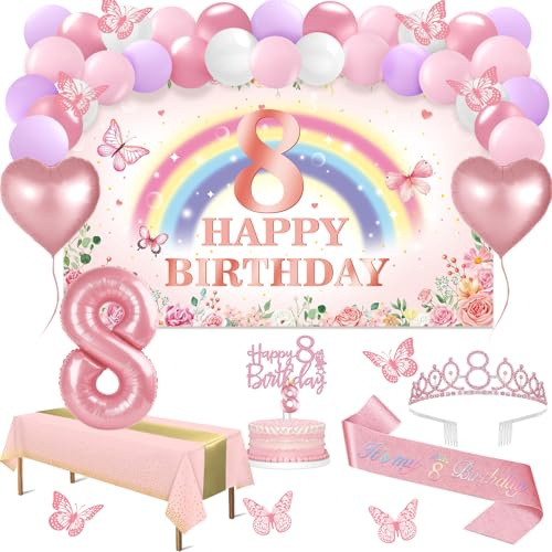 8th Birthday Decorations for Girl, 47pcs Silver Pink Happy 8th Birthday Banner, Tablecloth, Butterfly Decor, Sash and Tiara, Cake Topper, Candles, Balloons Arch, 8 Year Old Girls Gifts
