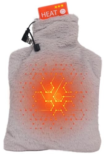 Elektrische Wärmflasche mit Bezug,Auslaufsicher Wärmeflasche Groß,3 Temperatureinstellungen,USB Beheiztes Rückenkissen,Weichem Flauschig Wärmeflaschen,Kuschelig Bettflasche für Kinder & Erwachsene