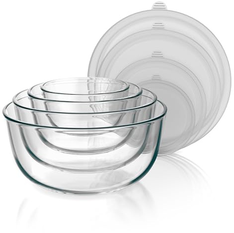 Arendo - Salatschüssel aus Glas mit Deckel - Glasschüssel 4er Set - 700ml + 1100ml + 2700ml + 4400ml – Rührschüsseln klein bis groß – Borosilikatglas - Glasschale Salatglasschale