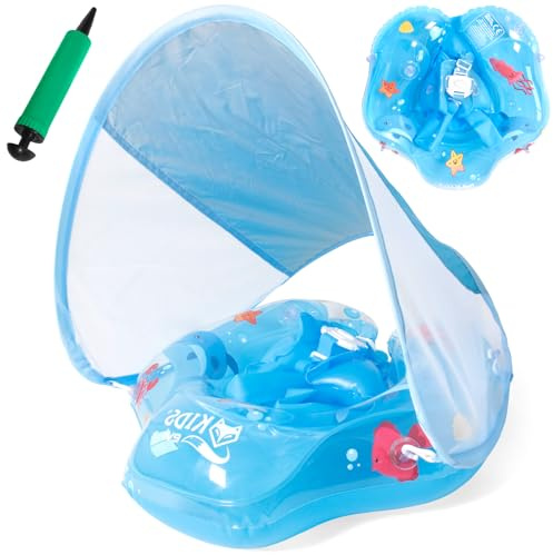 PQETBV Uppblåsbar Babyring för 3-36 Månader, Babyring med Parasoll och Säkerhetssäte, Babysimring, UV-skydd UPF 50+, Lämplig för Bebisar 5-15 KG (Blå)