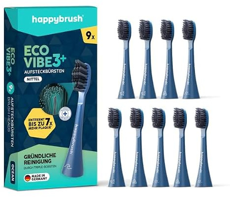 happybrush Aufsteckbürsten 9 Stück für elektrische Schallzahnbürste VIBE 3 | Wechselköpfe mit Icons zur Unterscheidung | Original Ersatzbürsten mit abgerundeten Borsten(Blau/Ocean)