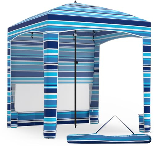 COSTWAY Sombrilla Playa Grande con Pared Lateral Desmontable, 185 X 185 CM, Altura Ajustable 3 Niveles, Parasol Jardin con Bolsa De Transporte, 4 Sacos De Arena, Protección Solar Exterior (Azul)