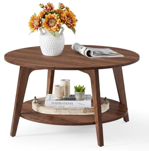 VASAGLE Couchtisch rund, Wohnzimmertisch 2 Ebenen, Kaffeetisch für Wohnzimmer, 80 cm d, 45 cm H, einfach zu montieren, Kastanienbraun-Walnuss LCT243K101 | Geschwungene Form, einfache Montage, für Wohnzimmer, Kastanienbraun, MAEZO Kollektion LCT243K101
