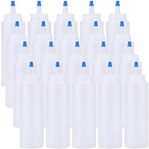 Fasmov 20 Pack 8-ounce Plastic Condiment Squeeze Squirt Bottles, Plastic Squeeze Bottles with Blue Tip Cap for Ketchup, Sauces, Salad Dressings, Crafts and More
