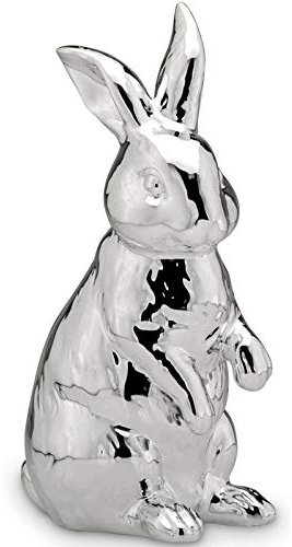 H.Bauer jun. große Deko Hasen Figur Porzellan 24.3 cm - glänzender sitzender Osterdeko Hase - Silberne Osterhase Frühjahresdeko zum hinstellen