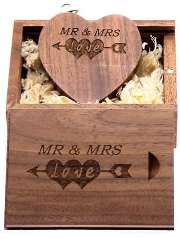 LXSINO Mr & Mrs USB-Stick aus Holz mit Lasergravur, 64 GB in Herzform, USB-Stick mit Box für Hochzeitsfotografie/Hochzeitsfotografie (Walnuss)