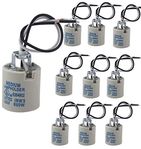 10pcs Ceramic Standard Medimun Screw Base Socket E26 E27 Bulb Holders With Wire for Hot Halogen Bulb (E26 10pcs)
