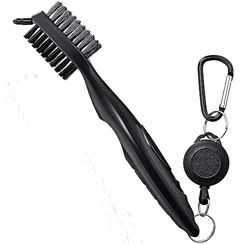 ANCLLO Golfbürste mit Rillenreiniger, Nylon & Stahl, tragbares Golf-Reinigungswerkzeug mit verstellbarem Aluminium-Karabiner zum Aufhängen an der Golftasche, leicht, ergonomisches Design (Schwarz)