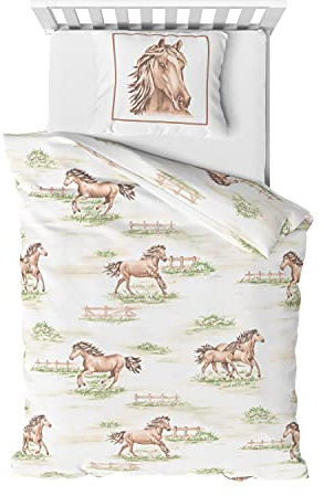 Träumschön Pferde Bettwäsche 135x200 Kinder - Biber Peferdebettwäsche Beige - Süsse Pferdebettwäsche für Mädchen - Toll für Pferde Mädchen